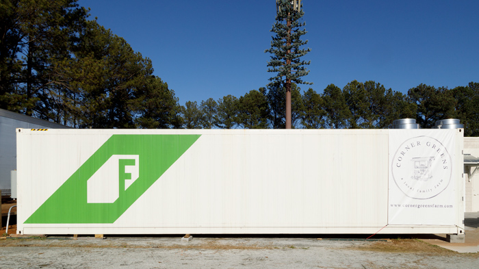 Corner Greens exterior Freight farm container that is for sustainable farming
