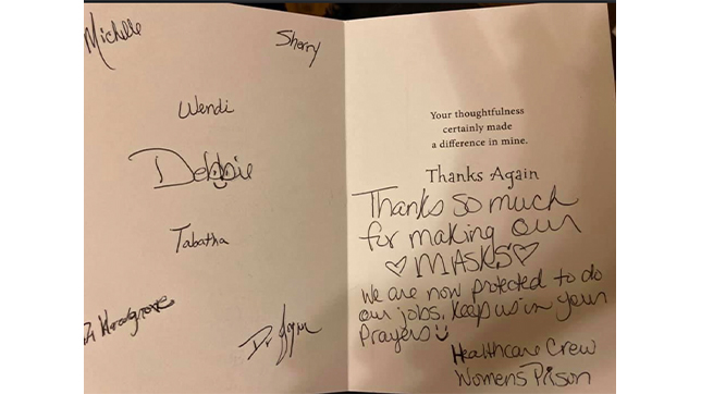 After delivering her homemade masks, Michele received a thank-you letter from members of her community.