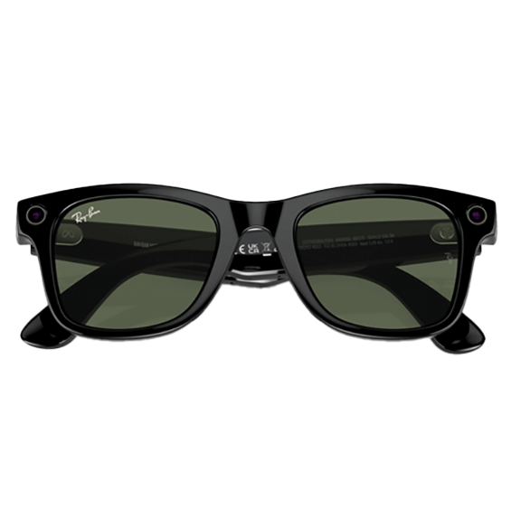 Front view of Ray-Ban Meta Wayfarer Large Frames with Plano G15 Green Lenses with ear pieces folded.